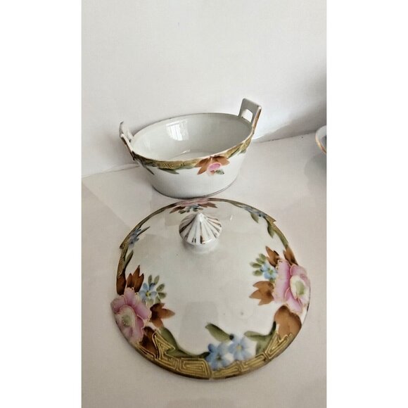 Vintage Hand Paint Gold Gilded Nippon Japan Lidded Bowl Rising Sun Mark 1920's - Picture 10 of 12